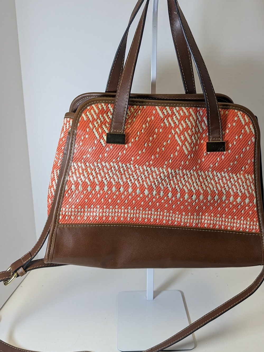 Brown Leather Shoulder Bag with Coral and Cream Woven Panels